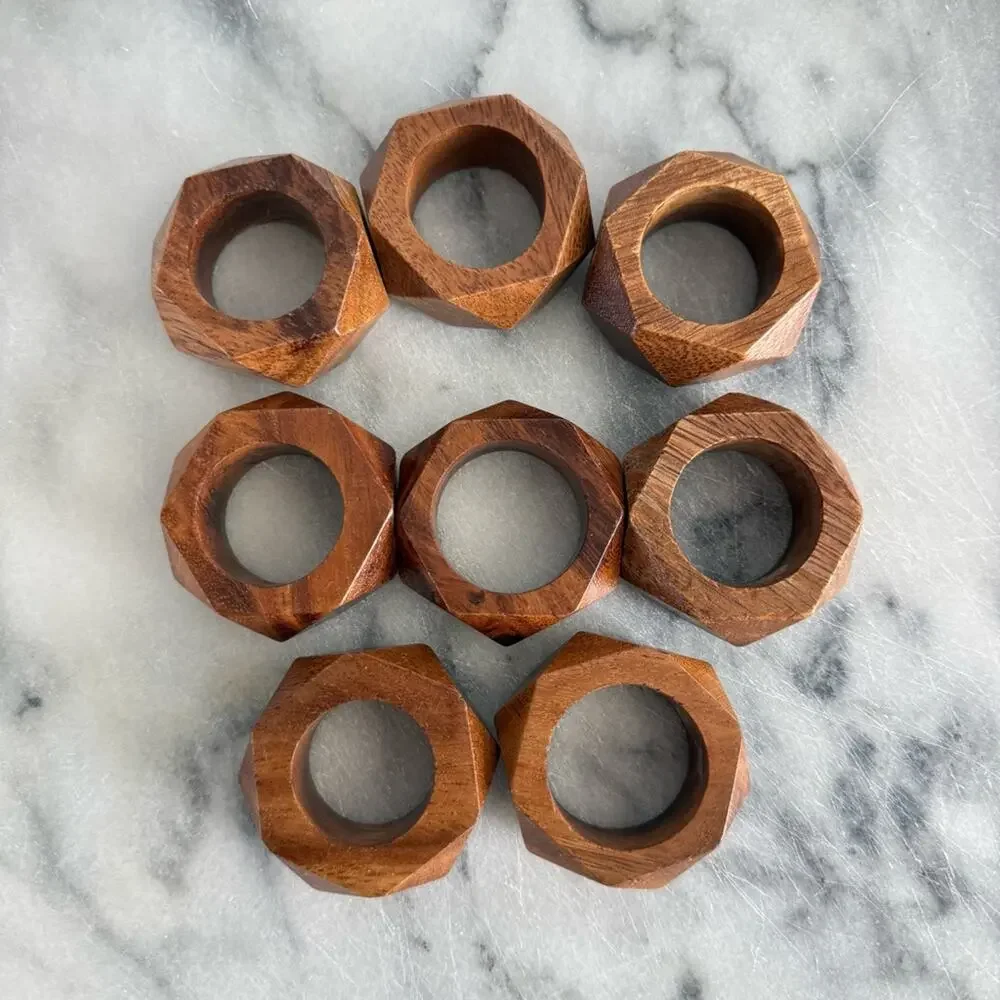 Vintage | MCM Faceted Wood Napkin Rings Set Of 8 Carved Geometric Setting Holder